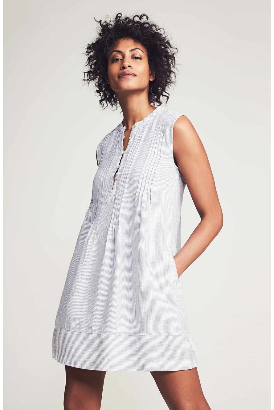 Faherty Isha Linen Swing Shift Dress White Blue Mini Stripe, Large, Sleeveless